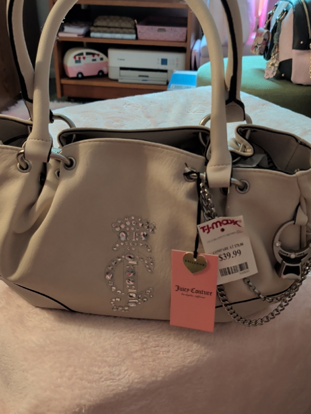 Juicy Couture Cream Rhinestone Logo Shoulder Bag
